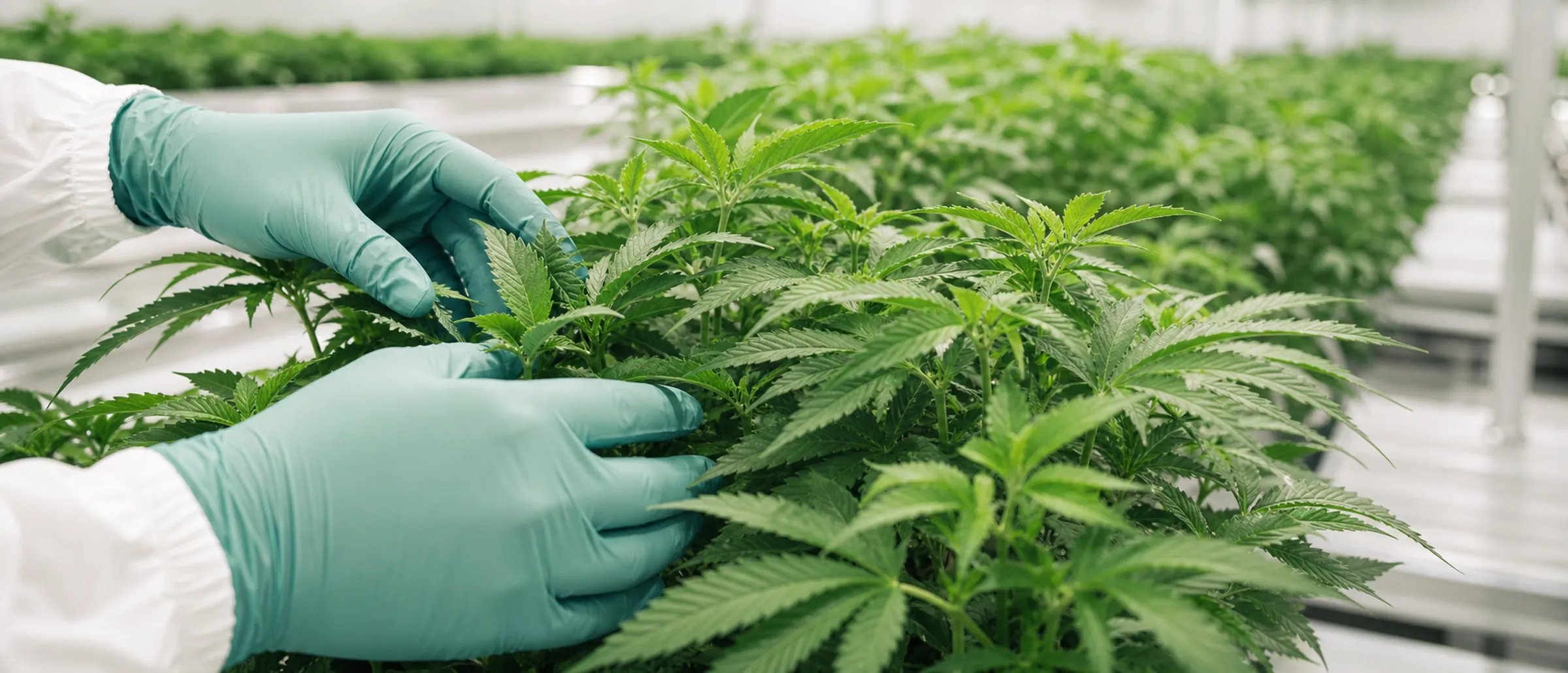 Gloved hands inspecting a healthy plant canopy in a bright indoor cultivation room