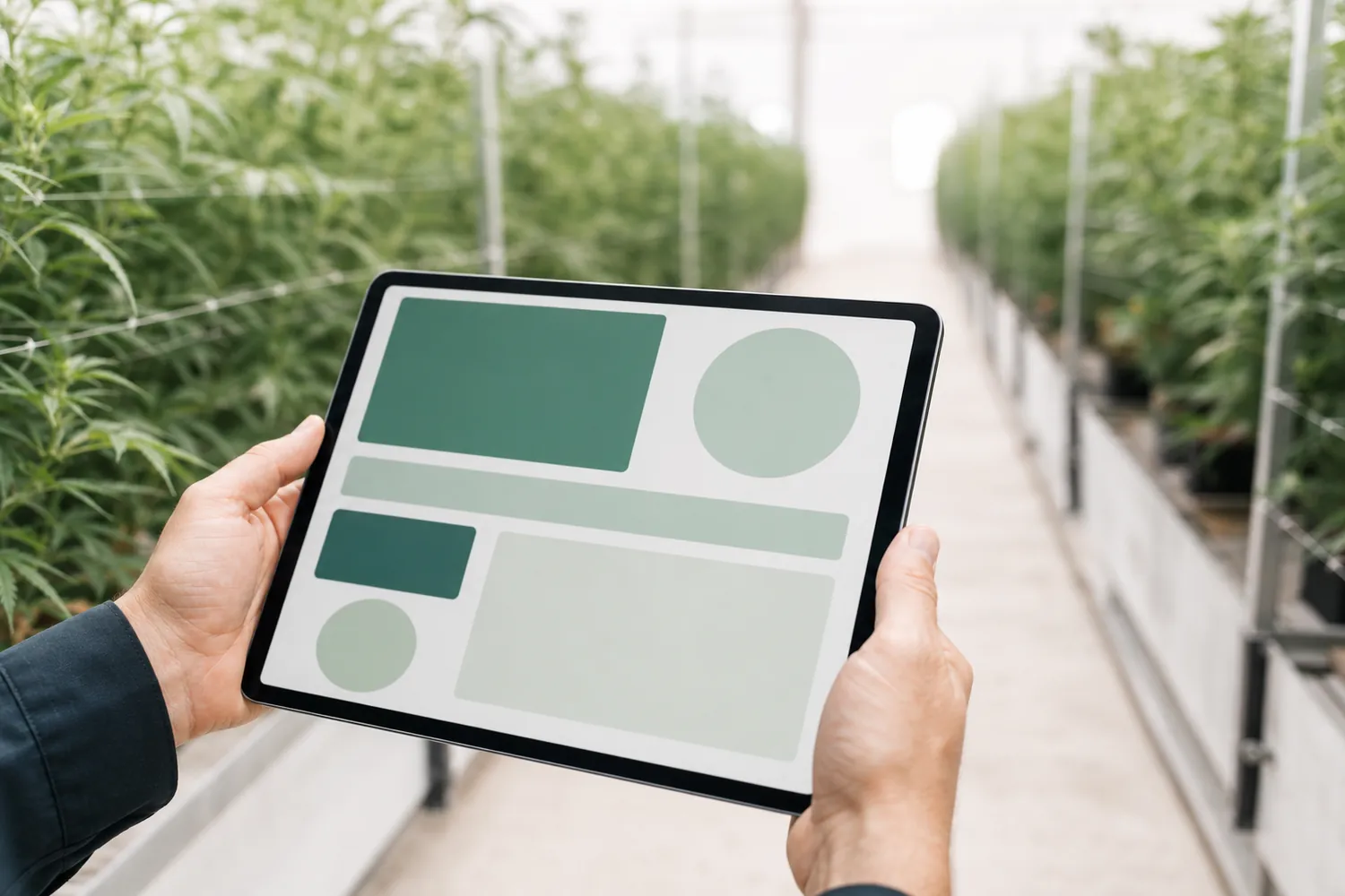 Hands holding a tablet with a dashboard in a cultivation aisle between rows of plants