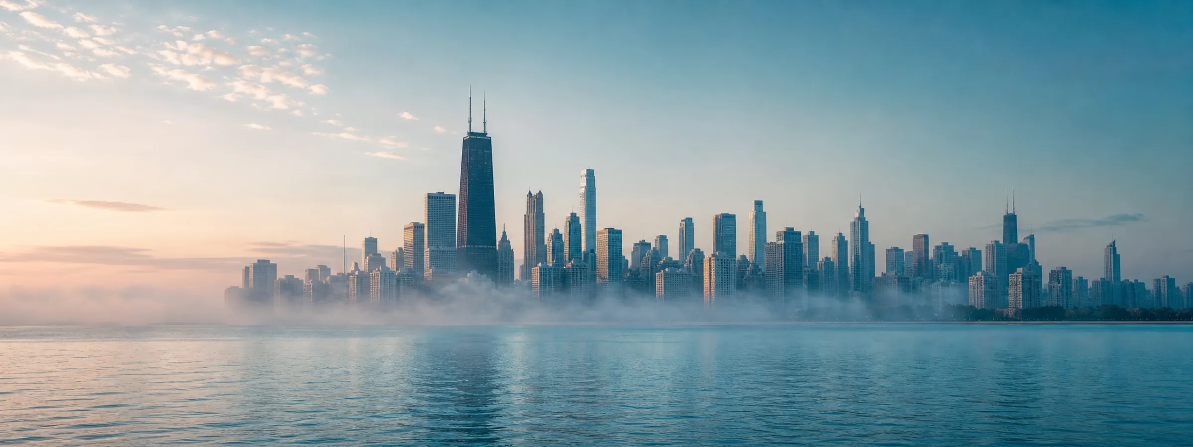 Morning fog over Lake Michigan and the Chicago skyline at dawn
