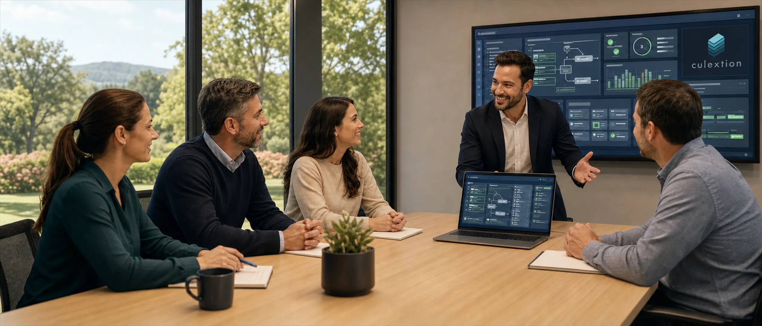 A consultant presenting a Culextion compliance dashboard on a conference-room screen to four professionals around a wood table, green landscape visible through the windows