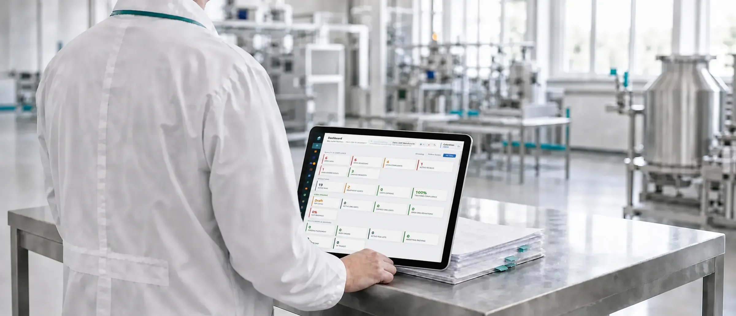 A technician in a white coat reviewing a batch dashboard on a tablet at a stainless bench in a bright production facility