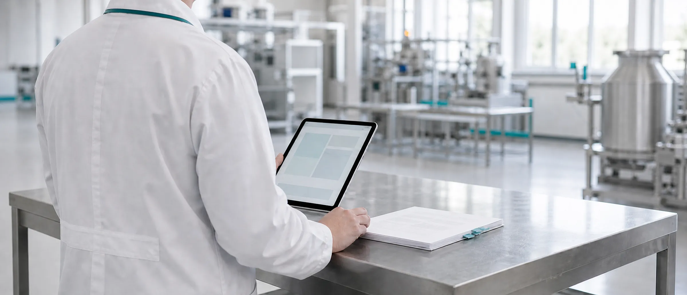 A technician in a white coat reviewing records on a tablet at a stainless bench in a bright production facility