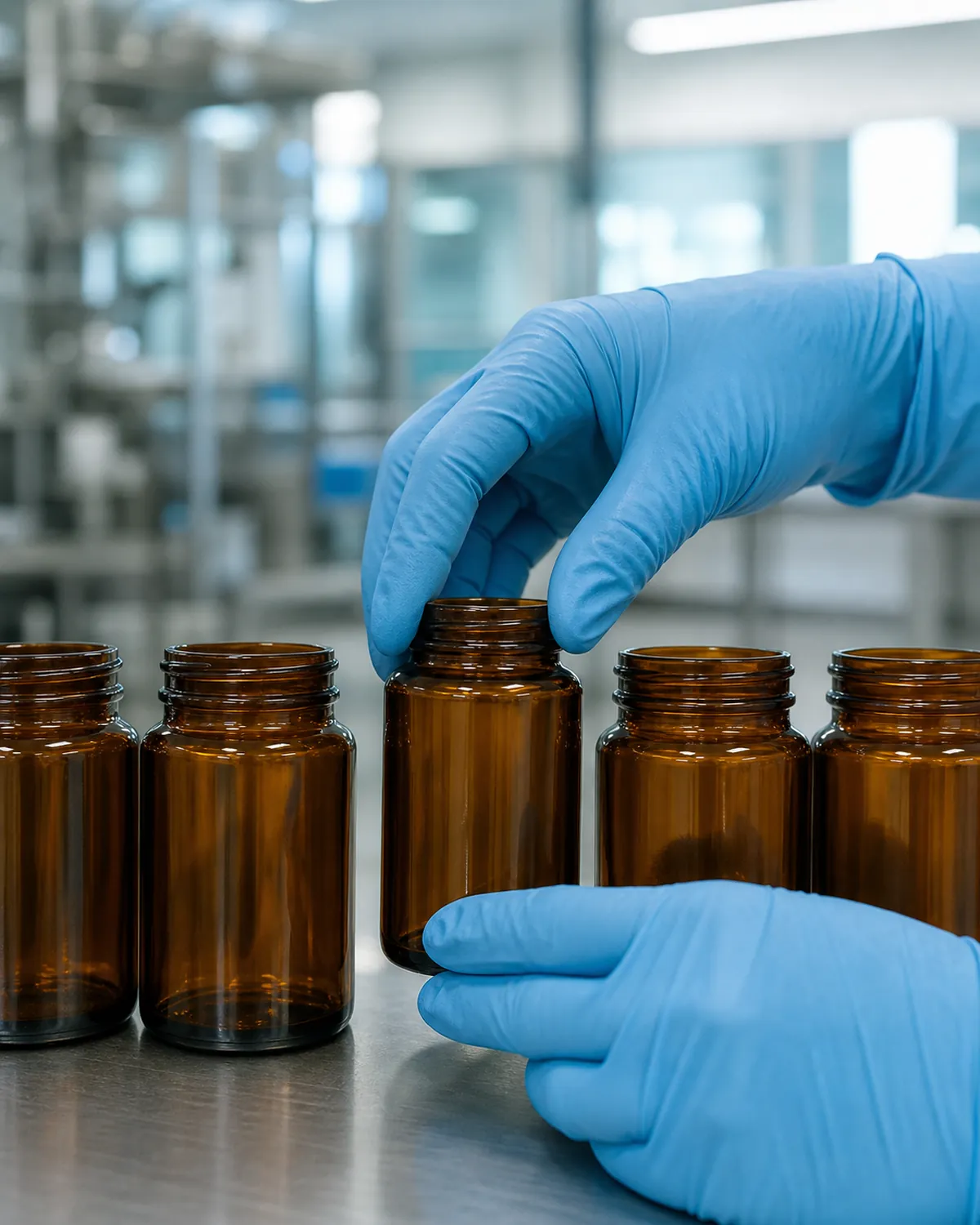 Gloved hands arranging unlabeled amber supplement bottles on a stainless bench in a production facility