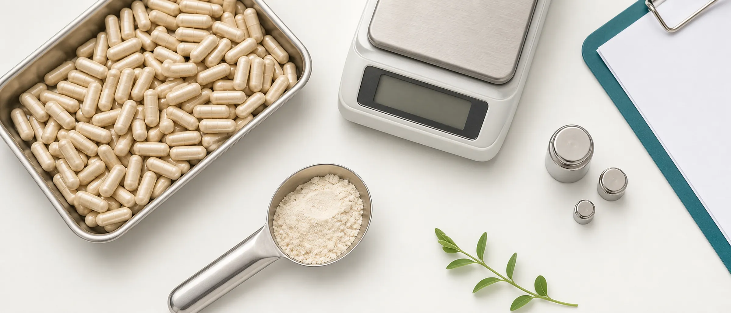 Overhead view of a QC bench: a tray of capsules, a precision scale, calibration weights, a scoop of powder, and a clipboard