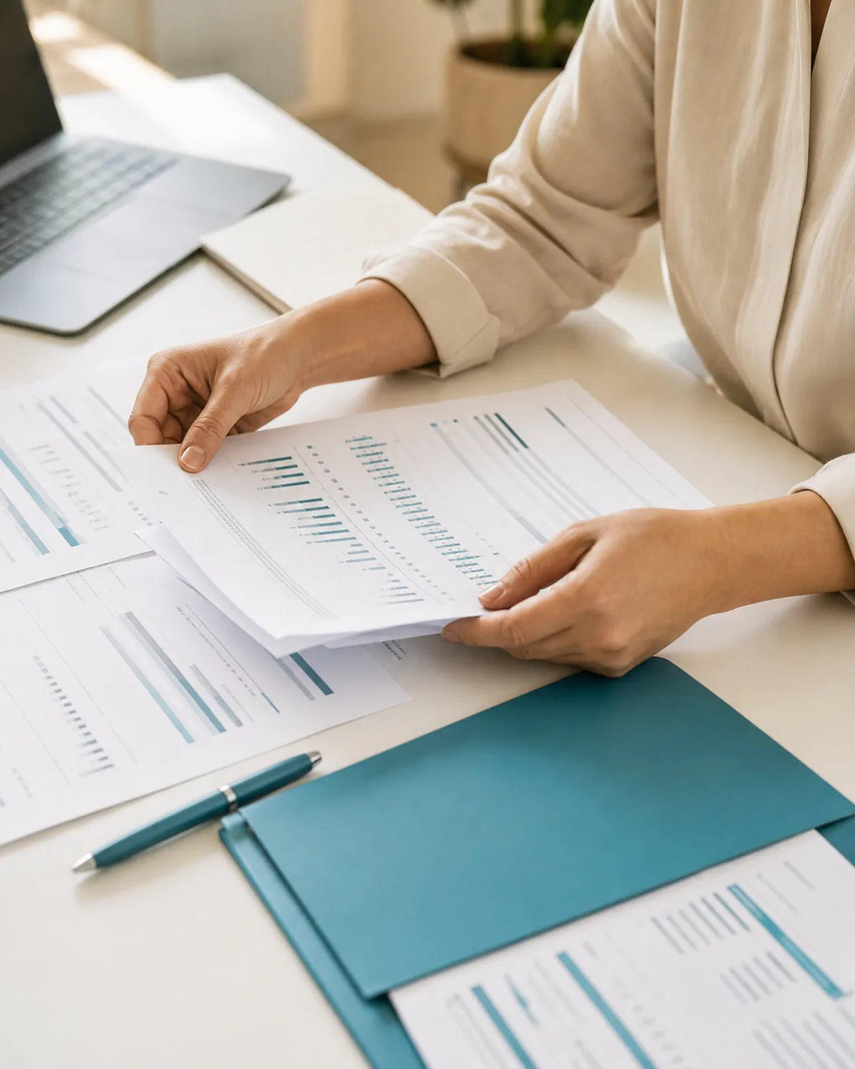 Hands reviewing printed production reports at a bright desk beside a laptop and a teal folder