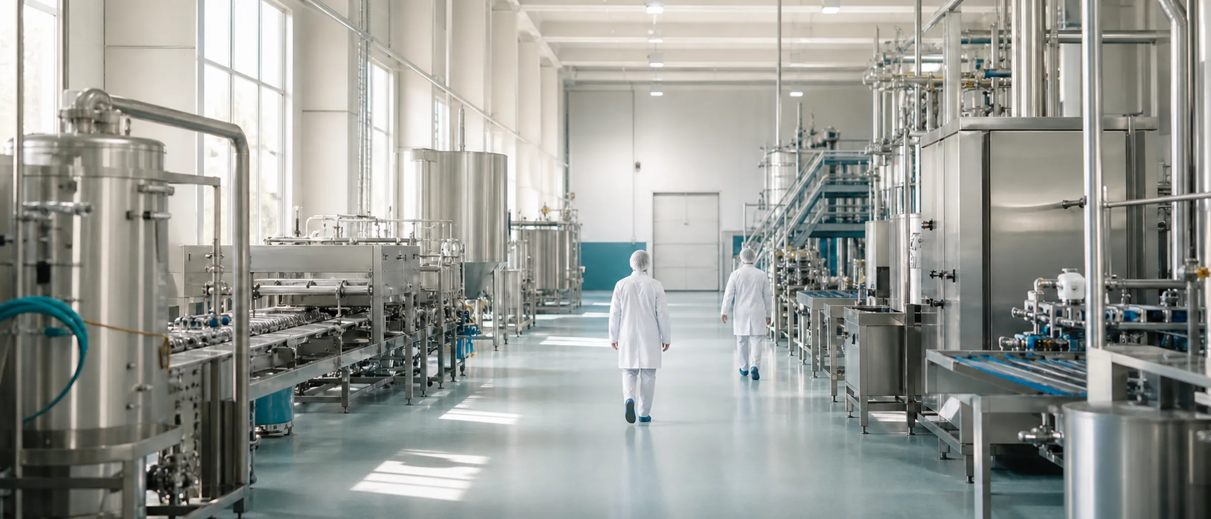 Two technicians in white coats and hairnets walking a bright stainless-steel production hall