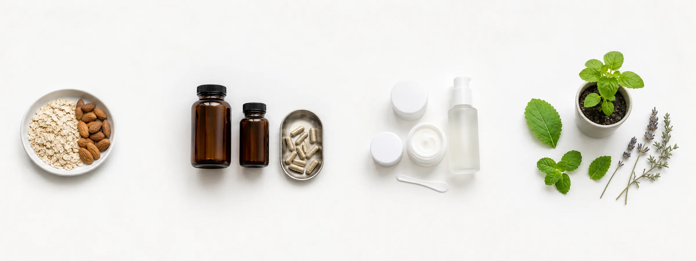 Rolled oats and almonds in a bowl, amber supplement bottles and capsules, white cosmetic jars with a pump bottle, and fresh green botanicals arranged left to right on a white surface